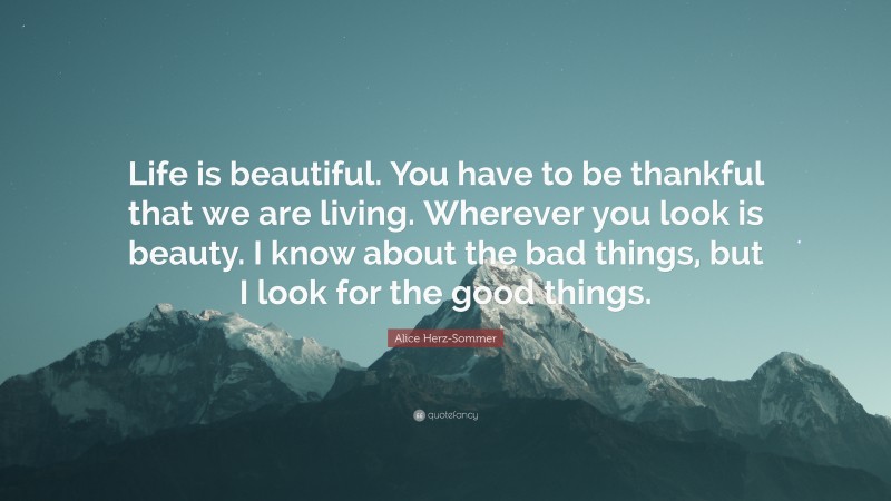Alice Herz-Sommer Quote: “Life is beautiful. You have to be thankful that we are living. Wherever you look is beauty. I know about the bad things, but I look for the good things.”