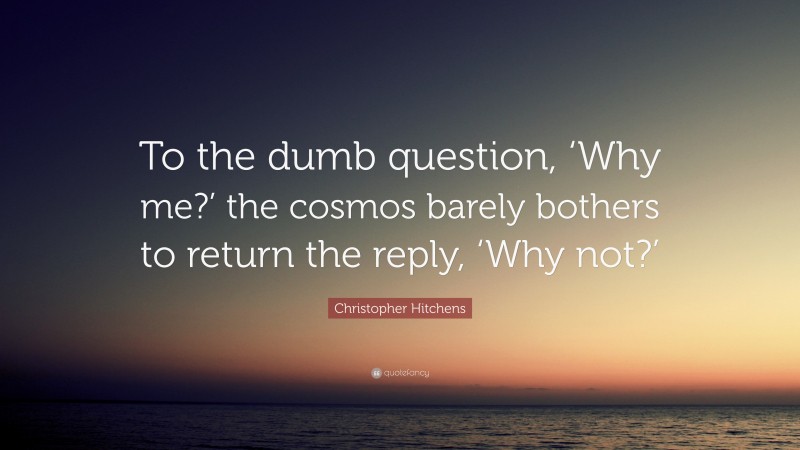 Christopher Hitchens Quote: “To the dumb question, ‘Why me?’ the cosmos barely bothers to return the reply, ‘Why not?’”