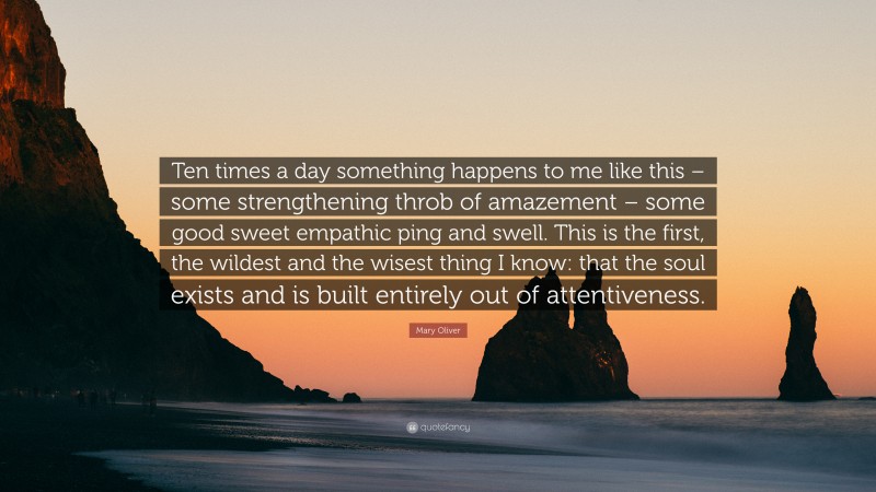 Mary Oliver Quote: “Ten times a day something happens to me like this – some strengthening throb of amazement – some good sweet empathic ping and swell. This is the first, the wildest and the wisest thing I know: that the soul exists and is built entirely out of attentiveness.”