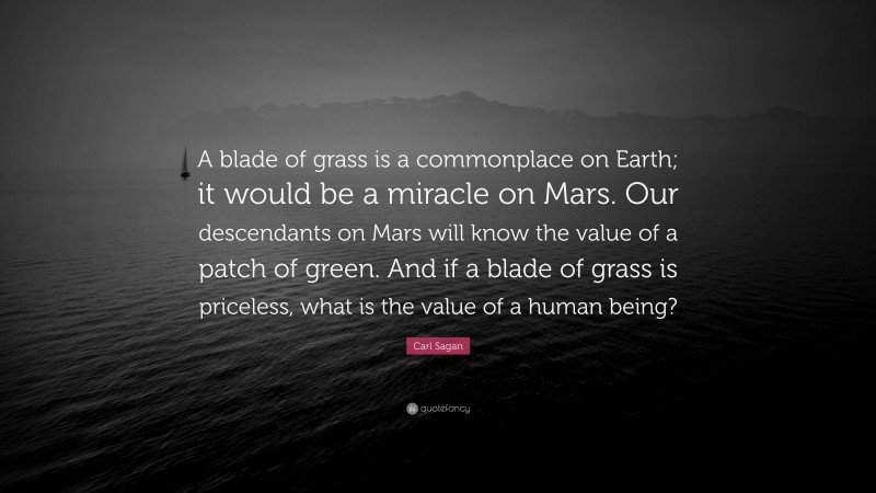 Carl Sagan Quote: “A blade of grass is a commonplace on Earth; it would be a miracle on Mars. Our descendants on Mars will know the value of a patch of green. And if a blade of grass is priceless, what is the value of a human being?”