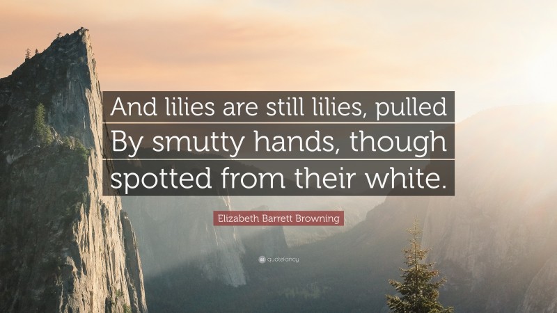 Elizabeth Barrett Browning Quote: “And lilies are still lilies, pulled By smutty hands, though spotted from their white.”