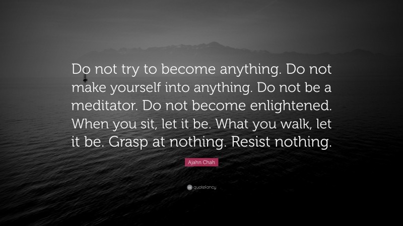 Ajahn Chah Quote: “Do not try to become anything. Do not make yourself into anything. Do not be a meditator. Do not become enlightened. When you sit, let it be. What you walk, let it be. Grasp at nothing. Resist nothing.”