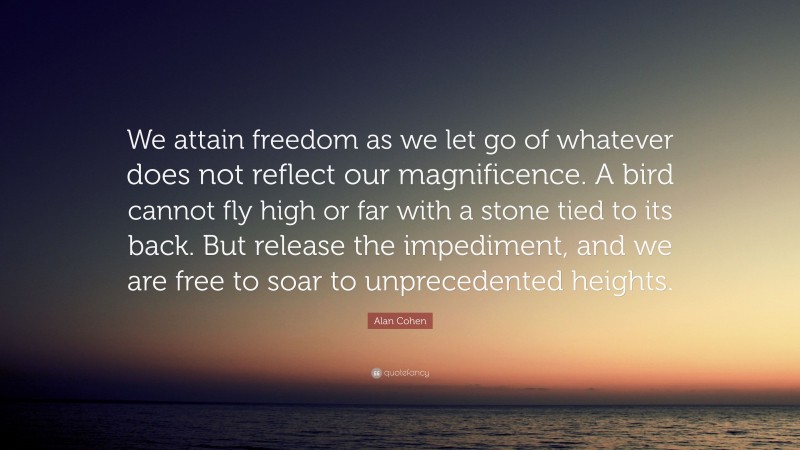 Alan Cohen Quote: “We attain freedom as we let go of whatever does not reflect our magnificence. A bird cannot fly high or far with a stone tied to its back. But release the impediment, and we are free to soar to unprecedented heights.”