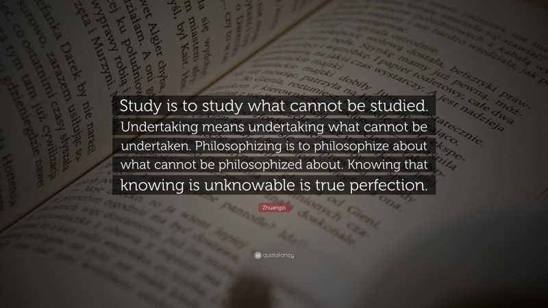 Zhuangzi Quote: “Study is to study what cannot be studied. Undertaking means undertaking what cannot be undertaken. Philosophizing is to philosophize about what cannot be philosophized about. Knowing that knowing is unknowable is true perfection.”