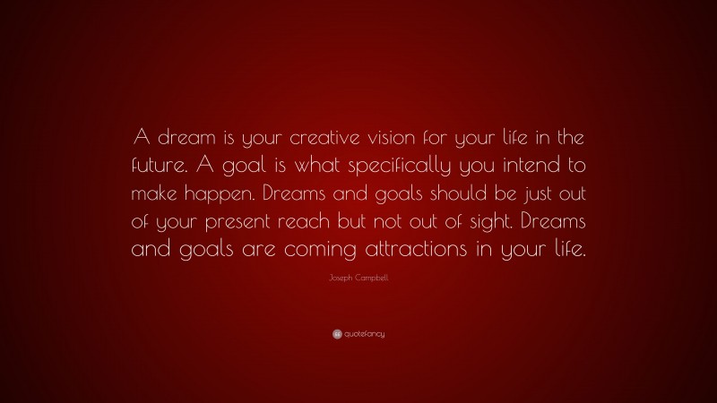 Joseph Campbell Quote: “A dream is your creative vision for your life in the future. A goal is what specifically you intend to make happen. Dreams and goals should be just out of your present reach but not out of sight. Dreams and goals are coming attractions in your life.”