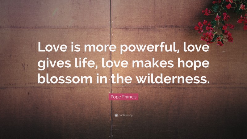 Pope Francis Quote: “Love is more powerful, love gives life, love makes hope blossom in the wilderness.”