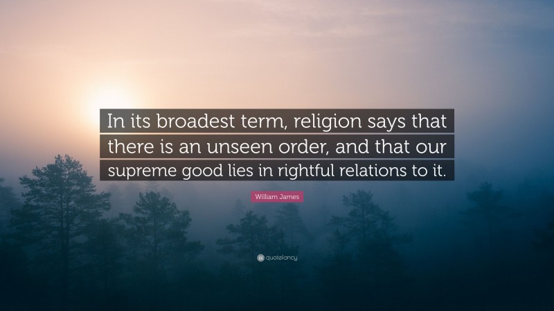 William James Quote: “In its broadest term, religion says that there is an unseen order, and that our supreme good lies in rightful relations to it.”