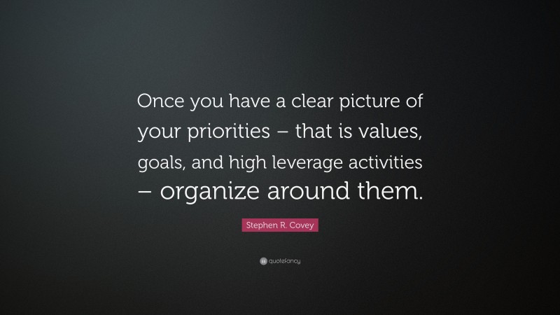 Stephen R. Covey Quote: “Once you have a clear picture of your priorities – that is values, goals, and high leverage activities – organize around them.”