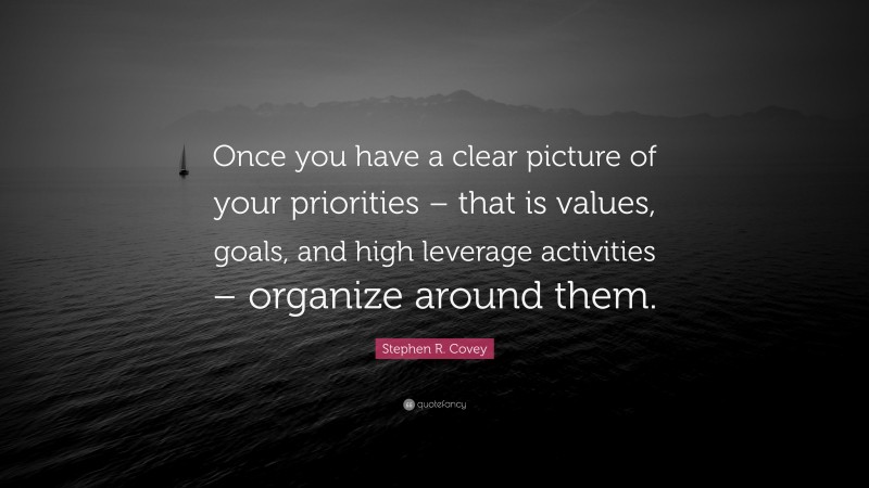 Stephen R. Covey Quote: “Once you have a clear picture of your priorities – that is values, goals, and high leverage activities – organize around them.”