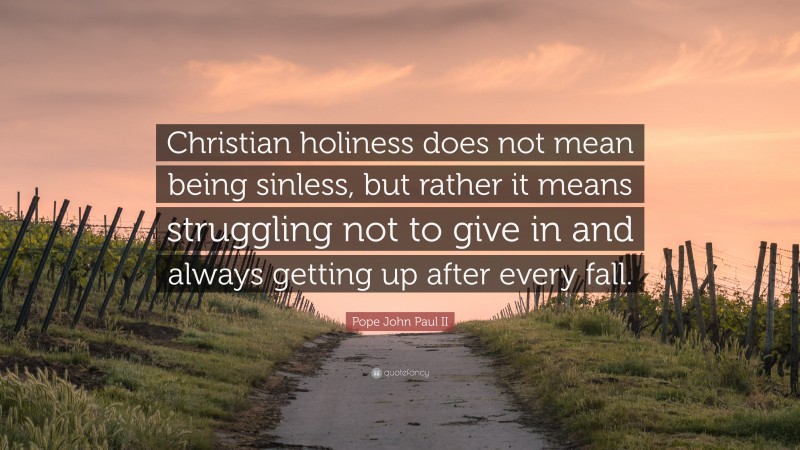 Pope John Paul II Quote: “Christian holiness does not mean being sinless, but rather it means struggling not to give in and always getting up after every fall.”