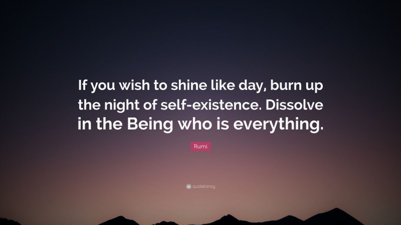Rumi Quote: “If you wish to shine like day, burn up the night of self-existence. Dissolve in the Being who is everything.”