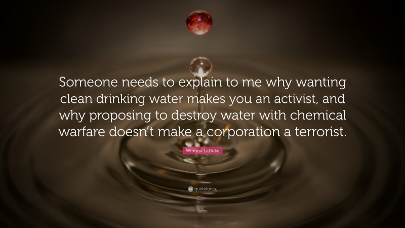Winona LaDuke Quote: “Someone needs to explain to me why wanting clean drinking water makes you an activist, and why proposing to destroy water with chemical warfare doesn’t make a corporation a terrorist.”