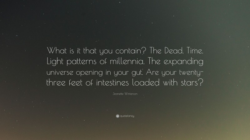Jeanette Winterson Quote: “What is it that you contain? The Dead. Time. Light patterns of millennia. The expanding universe opening in your gut. Are your twenty-three feet of intestines loaded with stars?”