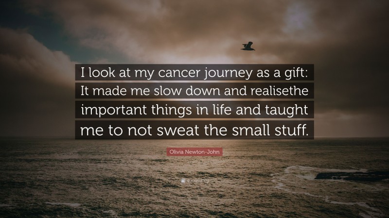 Olivia Newton-John Quote: “I look at my cancer journey as a gift: It made me slow down and realisethe important things in life and taught me to not sweat the small stuff.”