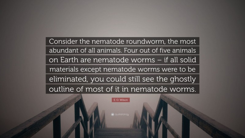 E. O. Wilson Quote: “Consider the nematode roundworm, the most abundant of all animals. Four out of five animals on Earth are nematode worms – if all solid materials except nematode worms were to be eliminated, you could still see the ghostly outline of most of it in nematode worms.”