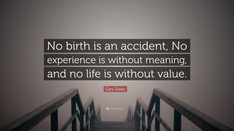 Gary Zukav Quote: “No birth is an accident, No experience is without meaning, and no life is without value.”
