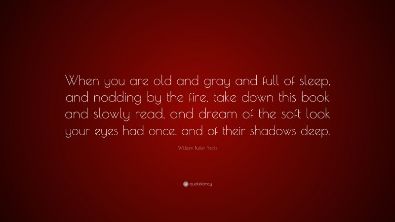 William Butler Yeats Quote: “When you are old and gray and full of sleep, and nodding by the fire, take down this book and slowly read, and dream of the soft look your eyes had once, and of their shadows deep.”