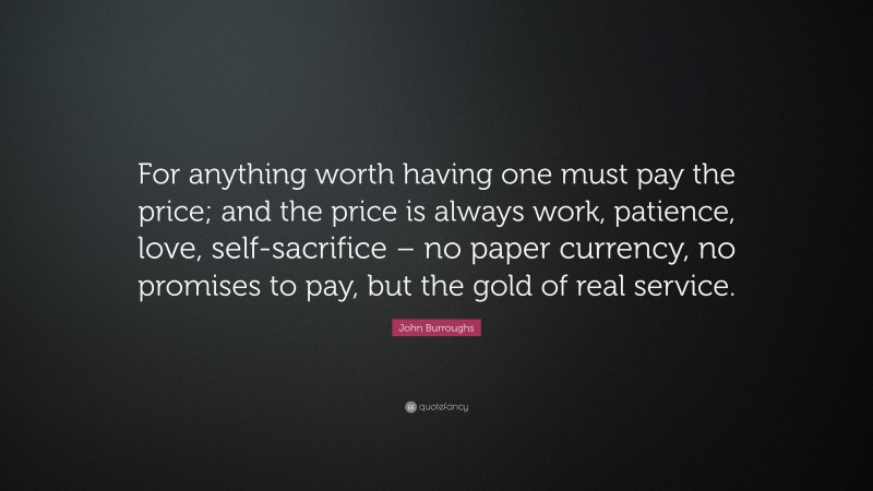 John Burroughs Quote: “For anything worth having one must pay the price; and the price is always work, patience, love, self-sacrifice – no paper currency, no promises to pay, but the gold of real service.”