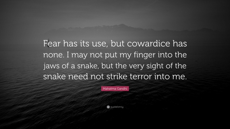 Mahatma Gandhi Quote: “Fear has its use, but cowardice has none. I may not put my finger into the jaws of a snake, but the very sight of the snake need not strike terror into me.”