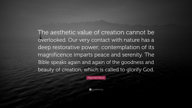 Pope John Paul II Quote: “The aesthetic value of creation cannot be overlooked. Our very contact with nature has a deep restorative power; contemplation of its magnificence imparts peace and serenity. The Bible speaks again and again of the goodness and beauty of creation, which is called to glorify God.”