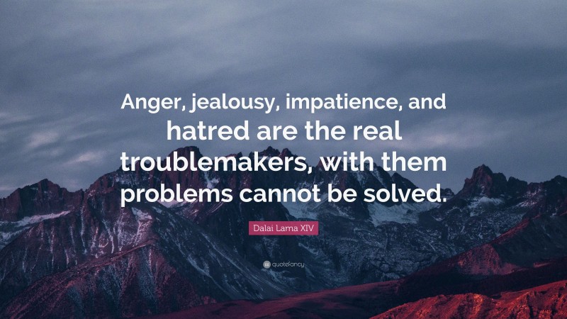 Dalai Lama XIV Quote: “Anger, jealousy, impatience, and hatred are the real troublemakers, with them problems cannot be solved.”