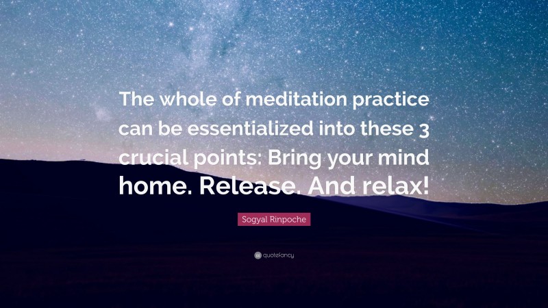 Sogyal Rinpoche Quote: “The whole of meditation practice can be essentialized into these 3 crucial points: Bring your mind home. Release. And relax!”
