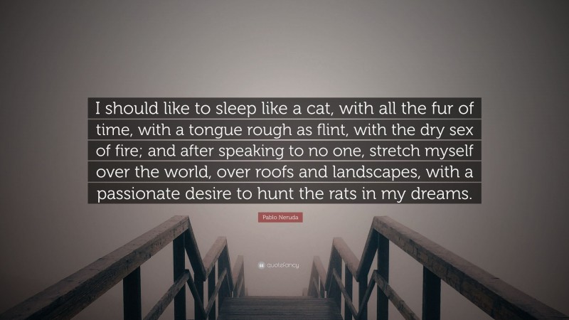Pablo Neruda Quote: “I should like to sleep like a cat, with all the fur of time, with a tongue rough as flint, with the dry sex of fire; and after speaking to no one, stretch myself over the world, over roofs and landscapes, with a passionate desire to hunt the rats in my dreams.”