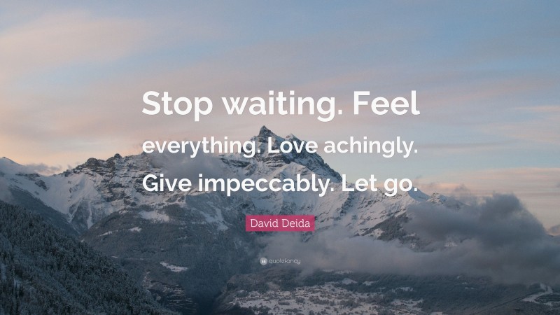 David Deida Quote: “Stop waiting. Feel everything. Love achingly. Give impeccably. Let go.”
