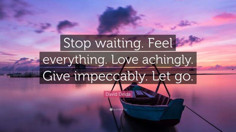 David Deida Quote: “Stop waiting. Feel everything. Love achingly. Give impeccably. Let go.”