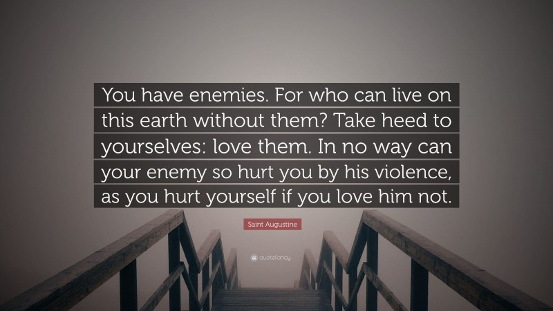 Saint Augustine Quote: “You have enemies. For who can live on this earth without them? Take heed to yourselves: love them. In no way can your enemy so hurt you by his violence, as you hurt yourself if you love him not.”