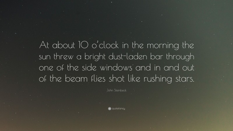 John Steinbeck Quote: “At about 10 o’clock in the morning the sun threw a bright dust-laden bar through one of the side windows and in and out of the beam flies shot like rushing stars.”