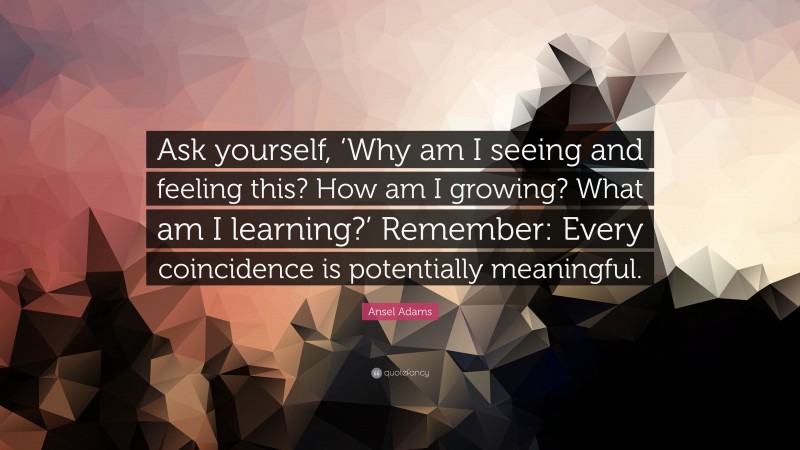 Ansel Adams Quote: “Ask yourself, ‘Why am I seeing and feeling this? How am I growing? What am I learning?’ Remember: Every coincidence is potentially meaningful.”