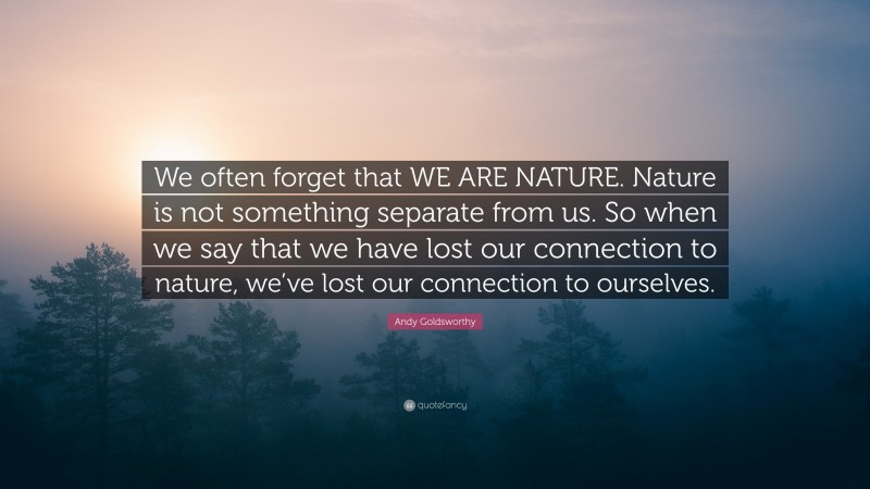 Andy Goldsworthy Quote: “We often forget that WE ARE NATURE. Nature is not something separate from us. So when we say that we have lost our connection to nature, we’ve lost our connection to ourselves.”