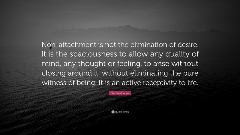 Stephen Levine Quote: “Non-attachment is not the elimination of desire. It is the spaciousness to allow any quality of mind, any thought or feeling, to arise without closing around it, without eliminating the pure witness of being. It is an active receptivity to life.”
