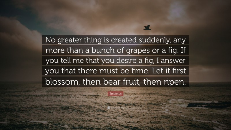 Epictetus Quote: “No greater thing is created suddenly, any more than a bunch of grapes or a fig. If you tell me that you desire a fig, I answer you that there must be time. Let it first blossom, then bear fruit, then ripen.”