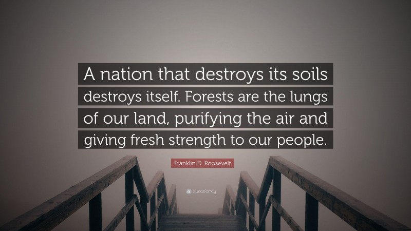 Franklin D. Roosevelt Quote: “A nation that destroys its soils destroys itself. Forests are the lungs of our land, purifying the air and giving fresh strength to our people.”