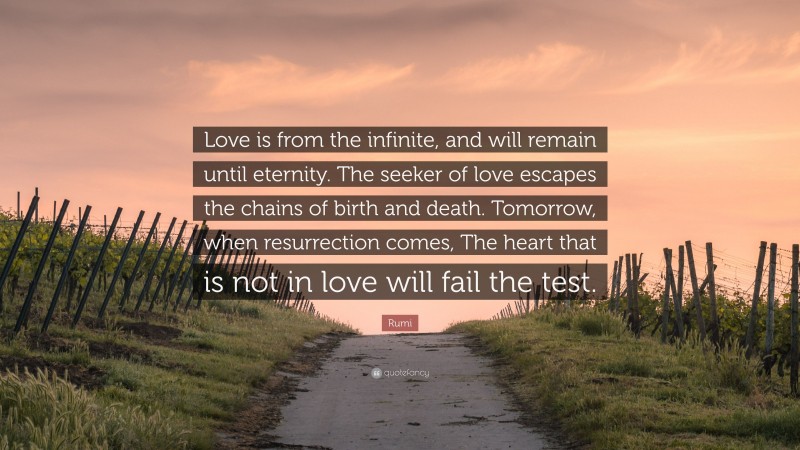 Rumi Quote: “Love is from the infinite, and will remain until eternity. The seeker of love escapes the chains of birth and death. Tomorrow, when resurrection comes, The heart that is not in love will fail the test.”