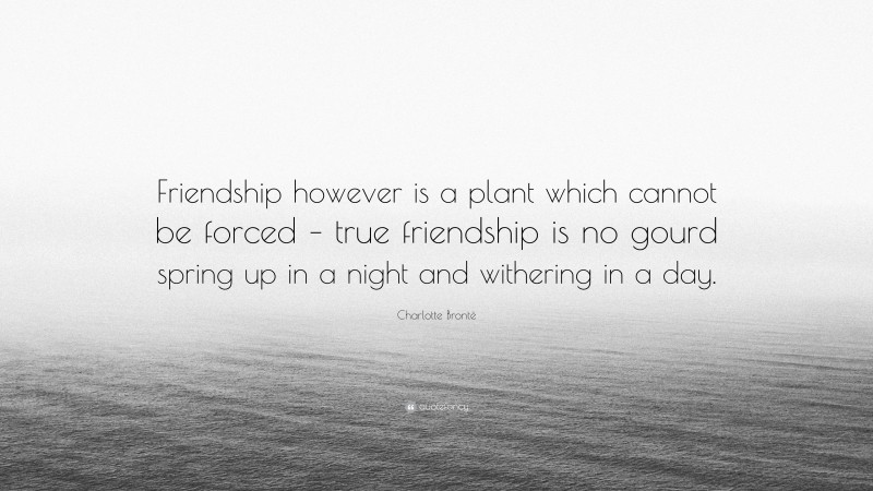 Charlotte Brontë Quote: “Friendship however is a plant which cannot be forced – true friendship is no gourd spring up in a night and withering in a day.”