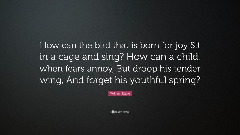 William Blake Quote: “How can the bird that is born for joy Sit in a cage and sing? How can a child, when fears annoy, But droop his tender wing, And forget his youthful spring?”