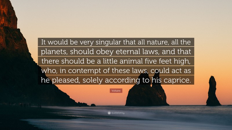 Voltaire Quote: “It would be very singular that all nature, all the planets, should obey eternal laws, and that there should be a little animal five feet high, who, in contempt of these laws, could act as he pleased, solely according to his caprice.”