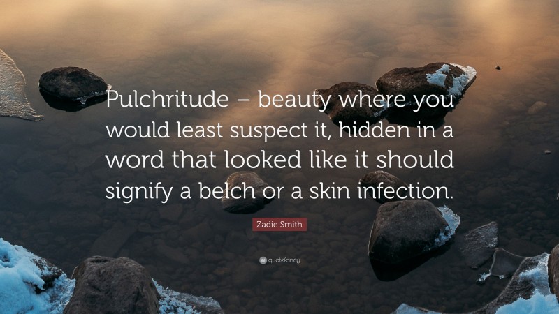 Zadie Smith Quote: “Pulchritude – beauty where you would least suspect it, hidden in a word that looked like it should signify a belch or a skin infection.”