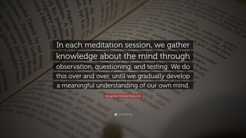 Dzogchen Ponlop Rinpoche Quote: “In each meditation session, we gather knowledge about the mind through observation, questioning, and testing. We do this over and over, until we gradually develop a meaningful understanding of our own mind.”