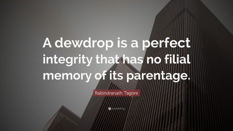 Rabindranath Tagore Quote: “A dewdrop is a perfect integrity that has no filial memory of its parentage.”