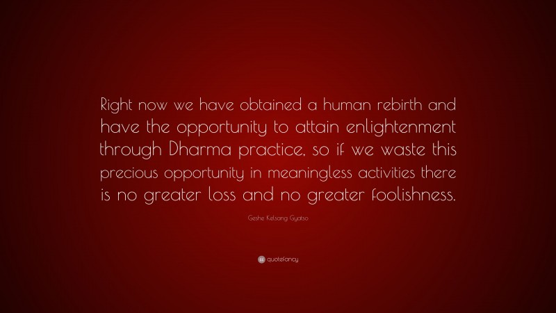 Geshe Kelsang Gyatso Quote: “Right now we have obtained a human rebirth and have the opportunity to attain enlightenment through Dharma practice, so if we waste this precious opportunity in meaningless activities there is no greater loss and no greater foolishness.”