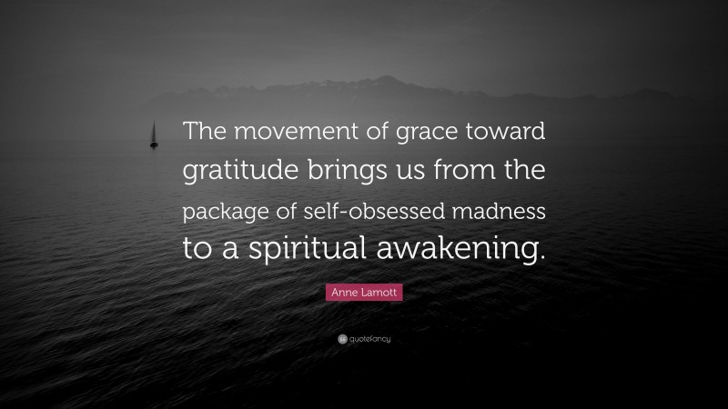 Anne Lamott Quote: “The movement of grace toward gratitude brings us from the package of self-obsessed madness to a spiritual awakening.”