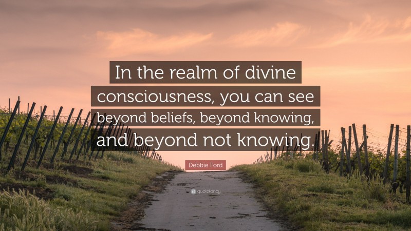 Debbie Ford Quote: “In the realm of divine consciousness, you can see beyond beliefs, beyond knowing, and beyond not knowing.”