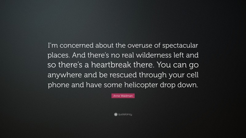 Anne Waldman Quote: “I’m concerned about the overuse of spectacular places. And there’s no real wilderness left and so there’s a heartbreak there. You can go anywhere and be rescued through your cell phone and have some helicopter drop down.”