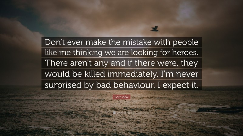 Gore Vidal Quote: “Don’t ever make the mistake with people like me thinking we are looking for heroes. There aren’t any and if there were, they would be killed immediately. I’m never surprised by bad behaviour. I expect it.”