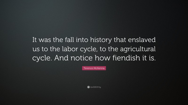 Terence McKenna Quote: “It was the fall into history that enslaved us to the labor cycle, to the agricultural cycle. And notice how fiendish it is.”