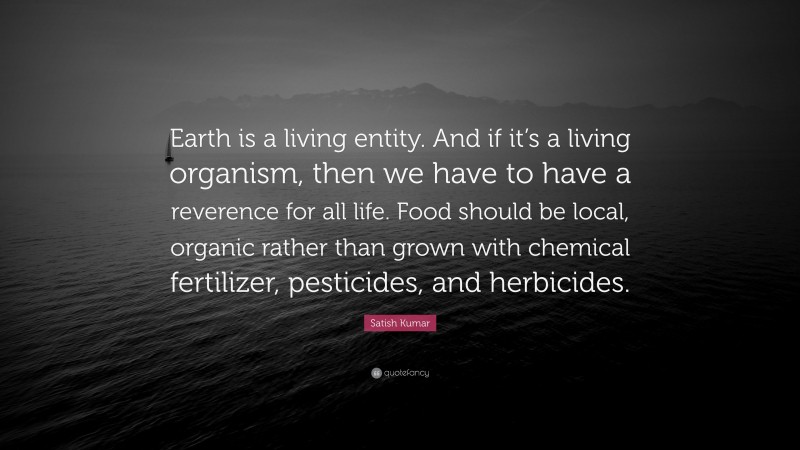 Satish Kumar Quote: “Earth is a living entity. And if it’s a living organism, then we have to have a reverence for all life. Food should be local, organic rather than grown with chemical fertilizer, pesticides, and herbicides.”